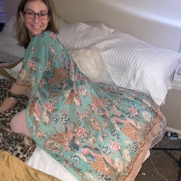 One size kimono swimsuit bodysuit cover sheer Turquoise with 10 lining accents - Picture 3 of 10